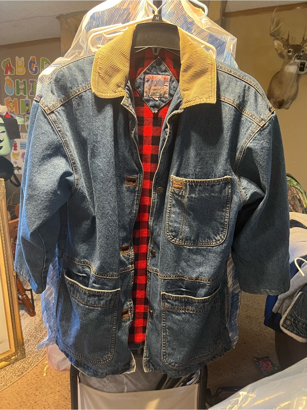 Women's Denim Field Jacket with Tan Corduroy Collar & Red Plaid Lining